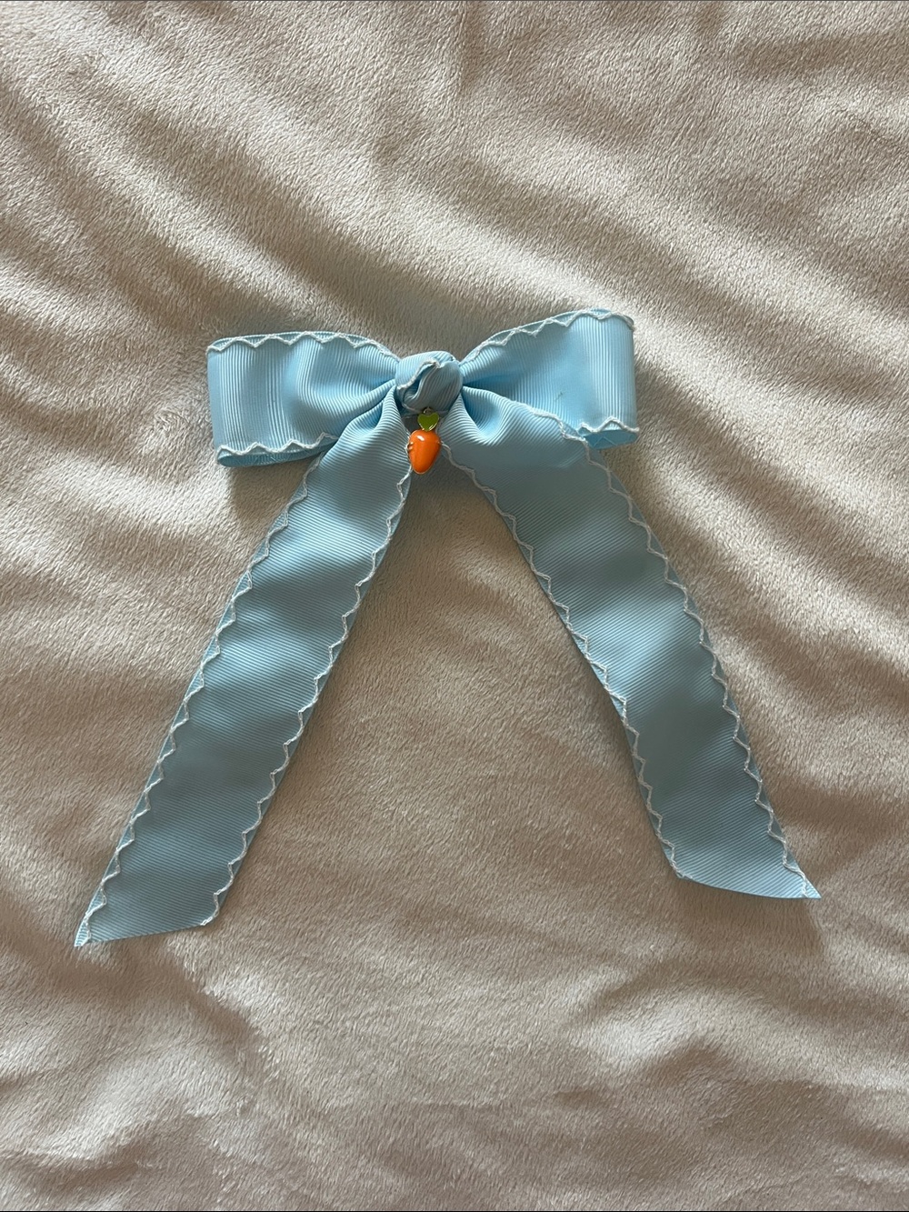 Light Blue Scalloped Ribbon Hair Bow with Orange Charm - Kids Accessories